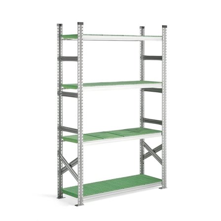 Hyllställ TRANSFORM, grundsektion, 4 plasthyllplan, 1972x1275x400 mm, galvaniserat/grön