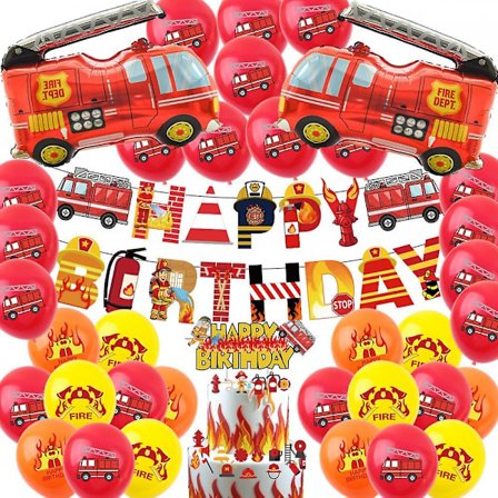 Brandbilstema Födelsedagsfest Tillbehör Brandman Grattis på födelsedagen Banner Brandman Tårta Topper Ballongdekorationdekorationer för pojkar 