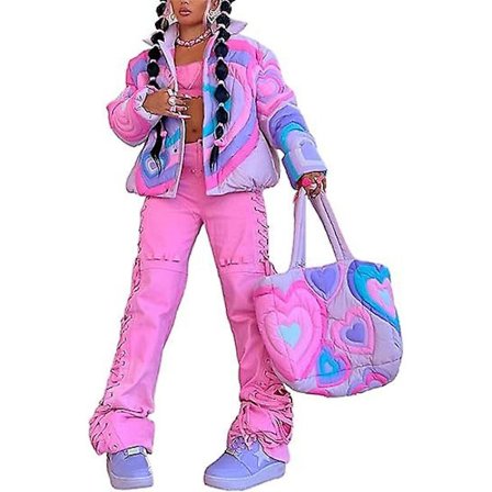 Dame Puffer Jakke Vinter Y2k Lynlåse Og Knapper Hjerter Printet Boble Quiltet Dunjakker Med Lommer