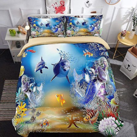 Havets Liv Dynebetræk Under Vand Verden Delfin Havfrue Sengetøjssæt Med Lynlås Lukning Til Børn Dobbelt Dynebetrækssæt 200x200cm