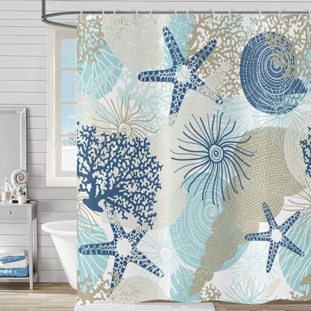 Nautisk Kust Duschdraperi 180x200, Strandtema Sjöstjärna Snäcka Korall Duschdraperi Havsmarinliv Vattentätt Baddraperi Polyestertyg Ba