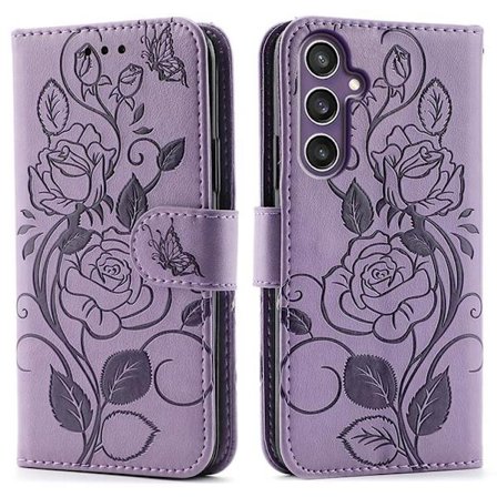 Galaxy S26 Konstläder Plånboksfodral Imprinted Rosa Butterfly - Lila