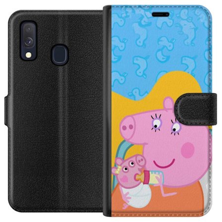 Kompatibelt Lommeboketui til Samsung Galaxy A40 Peppa Gris familie motiv med mor gris, far gris og venner, fargerikt tegnet barnebilde