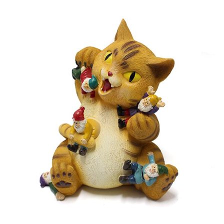 Hageskulptur Katt Spiser Dverger Figur Resin Skulptur, Ornament for Patio Dekorasjon, 14*9*16cm