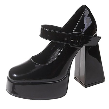 Naisten neliskanttiset platform-paksukorkoiset Mary Jane -kengät, kiiltonahkaa, nilkkaremmi, umpikärkinen muoti