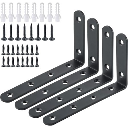 Väggmonterade hyllkonsoler, stämplad metallkonsol, hörnfäste för hängande hylla, 125 mm x 75 mm, rostfritt stål, matt svart finish, 4 st