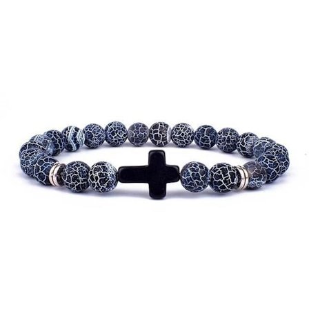 Armbånd, 19--Naturstensarmbånd med kors til mænd og kvinder, charme, matte sorte lykkebringende perler, håndlavet