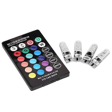4 stk. T10 SMD 5050 RGB Farverige Auto Bil Lys LED Pærer med Fjernbetjening E2U006_Kvalitetsgave