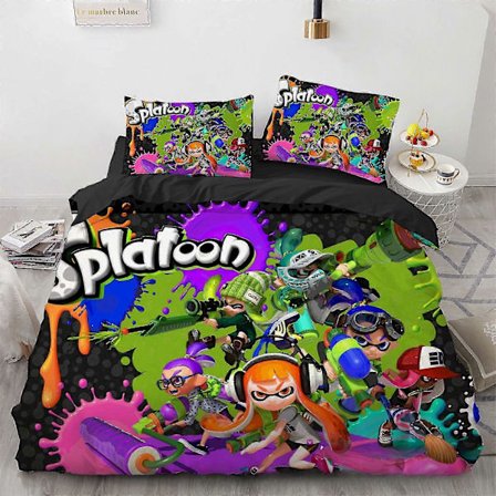 Stilfuldt sengetøjssæt til piger med Splatoon-inspirerede tryk, elegant anime-dynebetræk og sæt, komplet 3-delt sengetøj
