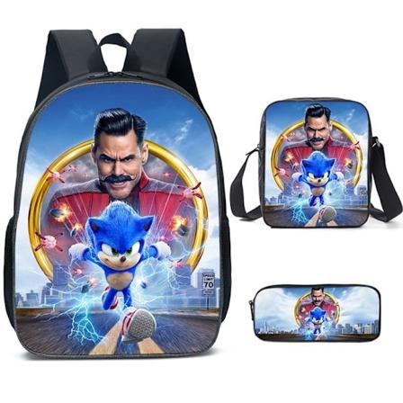 SONIC ryggsekk Sonic barneskole ryggsekk 3-delt sett tegneserie tegneserie ryggsekk skulderpose blyantpose N-stil-WELLNGS Style N three-piece