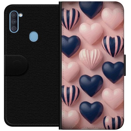 Kompatibelt Lommeboketui til Samsung Galaxy A11 Myke tredimensjonale hjerter i rosa og marineblå toner i et romantisk mønster