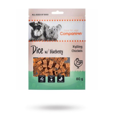 Companion - Companion Chicken Dice - Blåbær 80g - Matskåler, Hundegobiter & Tyggeben til hund & katt på Doggie.no