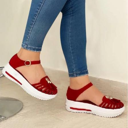 Sommar Platform Sandaler Dam Skor Rund Toe Strand Platta Sandaler Hollow Out Spänne Strap Damer black 36