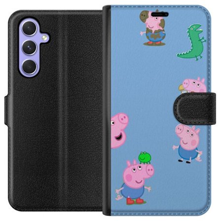 Yhteensopiva Lompakkokotelo Samsung Galaxy A54 Peppa Pig kasvomalli vaaleansinisellä pohjalla, toistuva leikkisä lasten motiivi Greeta Possulla
