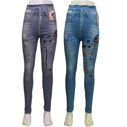 Denim Jeans Med Mönster Och Pärlor Leggings Blue One Size