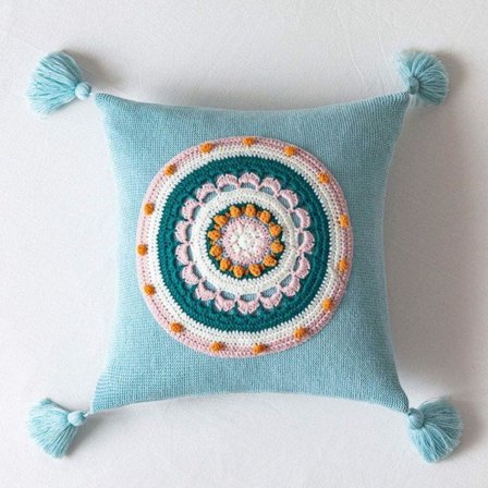 IC Dekorativt stickat bomullssoffaöverdrag med tofsar Runt blommigt Farmhouse örngott för bäddsoffa (blå, 18"x18")