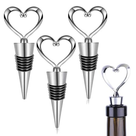 3-pak Vinkork med Hjerte i Metal - Vinprop Vinforsegler Sølv