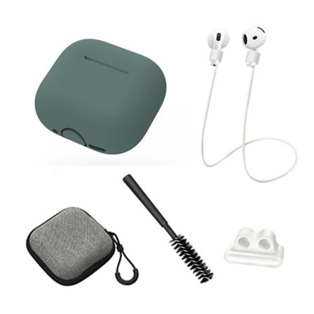 AirPods 4 Earphones 5 in 1 Protective Case and Anti Lost Rope and Storage Case and Brush and Watch Band Earbud Holder - Midnight Green