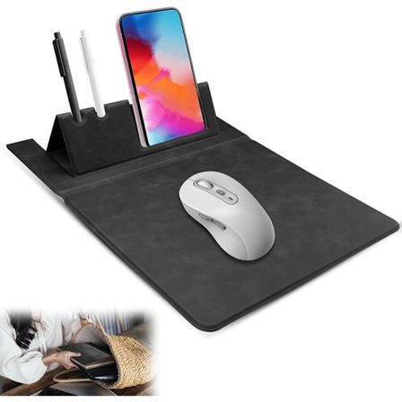 Portabel Musmatta, Läder Laptop Musmatta med Telefon- & Pennhållare, Resemusstmatta för Trådlös Mus, Vikbar Laptop