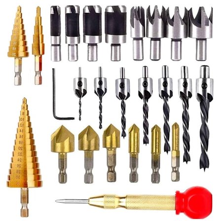 Snekkerboringsverktøy - Sett med 6 kjeglebor + 7 tri-punkt