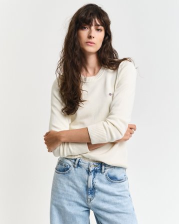 GANT Damen Klassischer Rundhalspullover aus Baumwolle (XS) Weiß