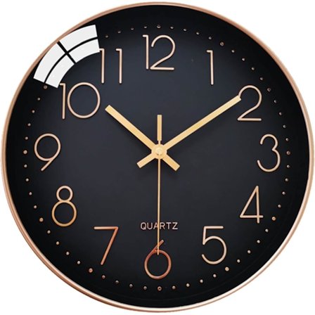 ##/Stille vægur - Sort og guld, 30 cm, arabiske tal, rund ##/