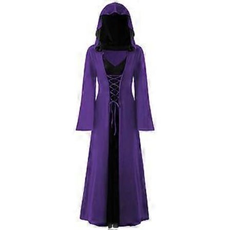 Dam Halloween Plus Size Hooded Snörning Patchwork Långärmad Lång Klänning (M Lila)
