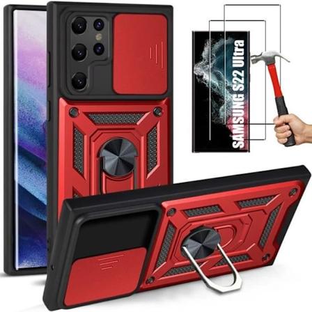Set med 2 härdade glasögon och fodral för Samsung S22 Ultra (6,8") Röd hård ringrygg styv anti-scratch Army Style Röd