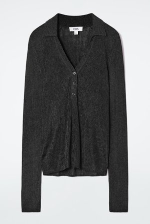 COS Women's Sparkly Ribbed Knit Polo Shirt in Black
