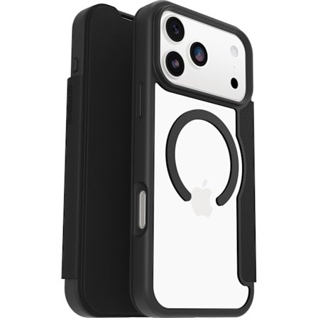 Otterbox React Series Folio MagSafe -kotelo iPhone 17 Pro Maxille, iskunkestävä, pudotussuojattu, korttipaikalla, sotilastestattu, läpinäkyvä/musta
