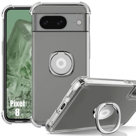 Etui til Google Pixel 8 - Stødsikker gennemsigtig silikonebeskyttelse med Silver Ring Support Klar, Silver