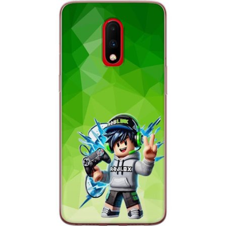Yhteensopiva Puhelinkuori OnePlus 7 Roblox-inspiroitu pelaajahahmo, jossa on kuulokkeet, ohjain ja energiset efektit vihreää taustaa vasten