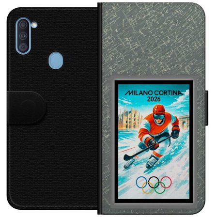 Yhteensopiva Lompakkokotelo Samsung Galaxy A11 Curlingkuvitus pelaajilla ja kivillä jäällä, Milano Cortina 2026, lumisia roiskeita ja olympiasormukset