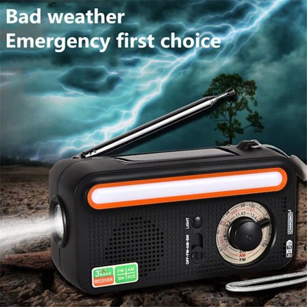 Nødradio med håndsving, opladning af telefon, campinglys SORT