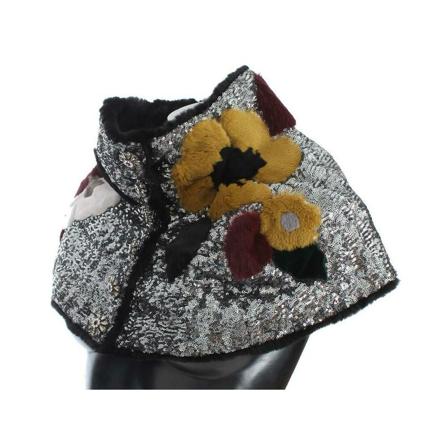 Dolce & Gabbana, Silver Sequined Floral Weasel Fur Shoulder Scarf Wrap Szary, Kobieta, Rozmiar: S