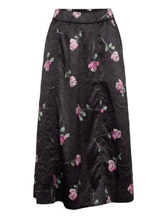 Crinkled Satin Elasticated Maxi Skirt Knelangt Skjørt Svart Ganni