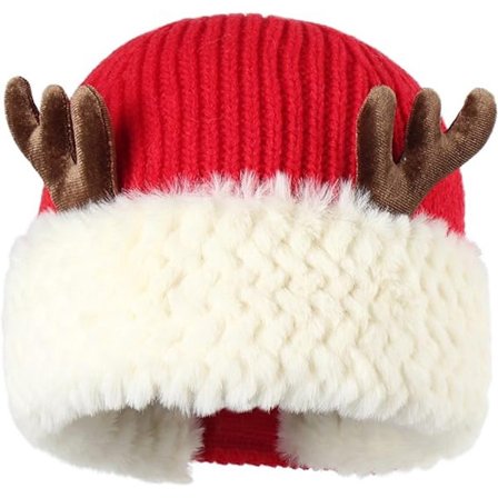 Lue - Varm strikket lue - Vinterluer med reinsdyrgevir for kvinner - Varme juleluer - Kvinner (Rød)