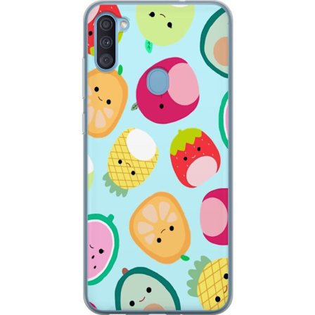 Yhteensopiva Puhelinkuori Samsung Galaxy A11 Kawaii-hedelmien kuvioita, kuten mansikkaa, sitruunaa, ananasta ja avokadoa vaaleansinisellä taustalla