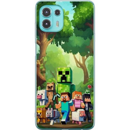 Kompatibelt Mobildeksel til Motorola Edge 20 Lite Blokkete pikselerte spillverden med grønne figurer og dyr i frodig skogsmiljø