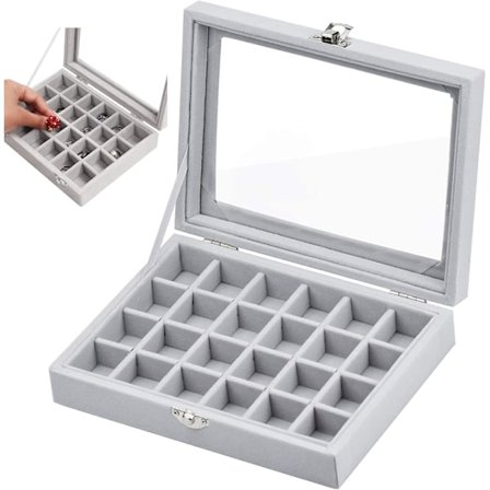 Smykkeæske i fløjl, 24 rum smykkekiste med gennemsigtigt låg smykke display bakke til halskæder,