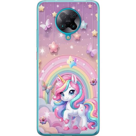 Kompatibel Mobilcover til Xiaomi Poco F2 Pro Magisk enhjørning med regnbue manke, stjerner og sommerfugle mod en pastelfarvet himmel med skyer