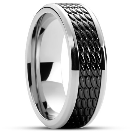 Hyperan | 8 mm Silver-tone Titanium Ring with Black Oval Pattern for Men - Titanium rings