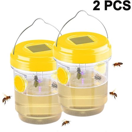 2-pak solcelledrevet hvepsefælde, solcelledrevet hvepsedræber med UV LED-lys, genanvendelig bi-fanger udendørs til hvepse, gul