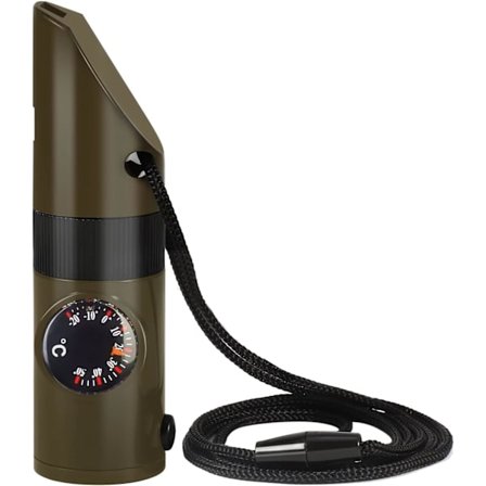 Selviytymispilli, 7 in 1 hätäpilli, ulkoilun hätäpilli, kompassi, lämpömittari, taskulamppu, suurennuslasi, jossa on lanyardi