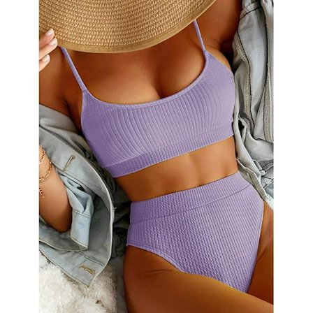 Dame Højtaljet Ribbet Cami Bikini Sæt Lyselilla L-US12