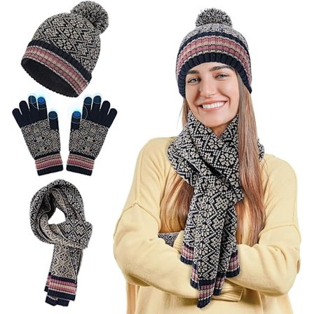 3-delt sæt med hue, halstørklæde og handsker til kvinder, plys strikket hue, handsker og halstørklæde til piger og damer til udendørs brug