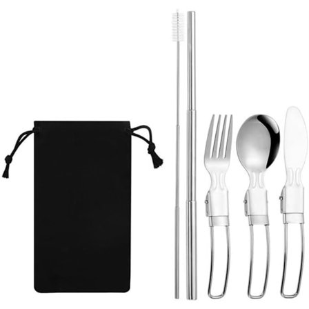 Sammenleggbart bestikksett, 304 rustfritt stål reisebestikksett med kniv, gaffel, skje, sugerør og børste, organiseringsveske for camping, utendørs