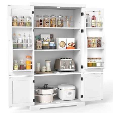 COSTWAY Skab til Soveværelse med 4 Døre, 6 Niveauer, Justerbare Hylder i 5 Positioner, til Køkken, Spisestue og Stue Hvid