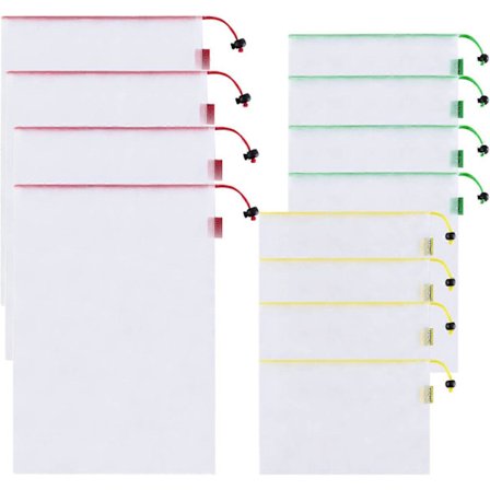 Netpose 12 stk. snorelukning genanvendelige frugtposer 43 cm/36 cm/21 cm legetøjsopbevaringsposer (FMY)