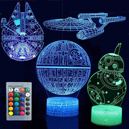 3D Illusion Star Wars Natlys 4 Mønstre Dødsstjerne/Millennium Falcon/Rumskib/BB-8 Interstellar 7 Farve Skiftende Dekor Lampe Natlys